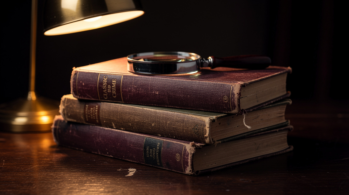 Stack of old detective novels lit by warm lamp light on a wooden desk